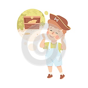 Little Boy Imagining Pirate Treasure Chest in Bubble Having Fantasy Vector Illustration