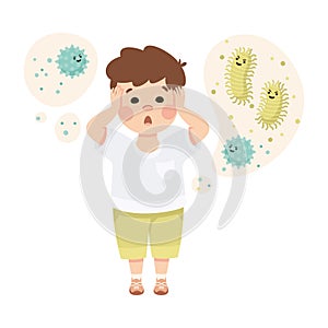 Little Boy Imagining Virus and Bacteria in Bubble Having Fantasy Vector Illustration