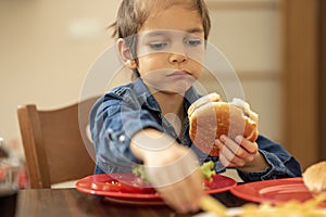 Little boy indoors eating a burger