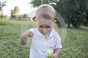 Little boy inflates and bursts soap bubbles. Cute funny kid is playing with soap bubbles in the park. Place for text