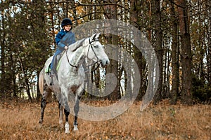 Little boy in a jockey cap on a white adult horse on a background of nature. Jockey, hippodrome, horseback riding