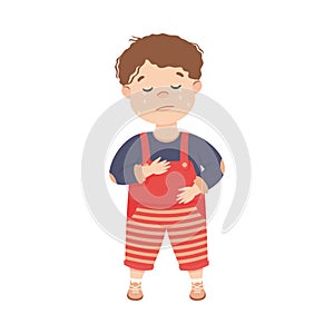 Little Boy in Jumpsuit Standing and Crying Feeling Sad Vector Illustration