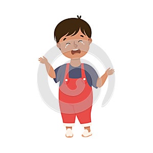 Little Boy in Jumpsuit Standing and Crying Feeling Sad Vector Illustration