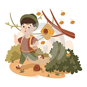 Little Boy in the Jungle Escaping from Bee Flying Behind Him Exploring Tropical Environment Vector Illustration