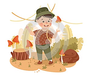 Little Boy in the Jungle Holding Mushroom with Red Cap Exploring Tropical Environment Vector Illustration