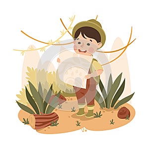 Little Boy in the Jungle Looking on Map Exploring Tropical Environment Vector Illustration