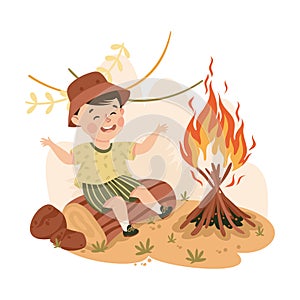 Little Boy in the Jungle Sitting on Log Near Burning Fire Exploring Tropical Environment Vector Illustration