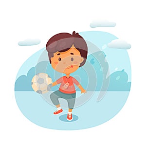 Little boy kicking ball flat vector illustration