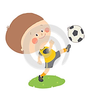 Little boy kicking a soccer ball on green field isolated. Cartoon vector hand drawn illustration isolated on white