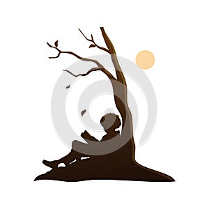 Little Boy Kid Read Book Under Tree Silhouette