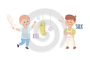 Little Boy Killing Virus with Sword and Sulking Demonstrating Vocabulary and Verb Studying Vector Set