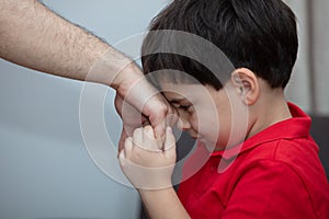 Little boy kiss his father`s hand during Eid mubarak Turkish Ramazan or Seker Bayram