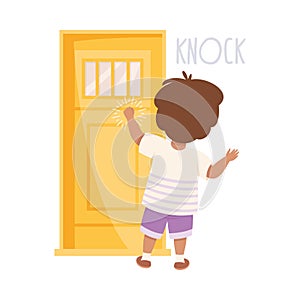 Little Boy Knocking at the Door as Demonstration of Vocabulary and Verb Studying Vector Illustration