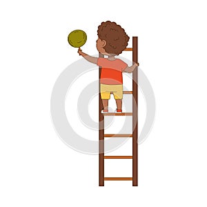 Little Boy with Ladder Saving Planet Taking Care of Globe Planting Tree Vector Illustration