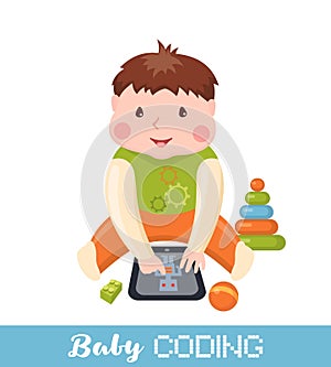 Little boy learning coding on tablet