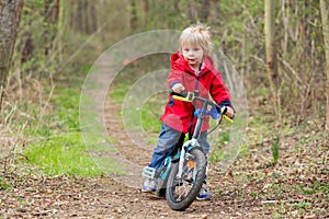 Little boy, learning how to ride a bike in the park