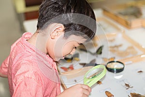 Little boy learning science class with microscope in the class