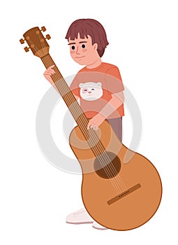 Little boy learning to play guitar semi flat color vector character
