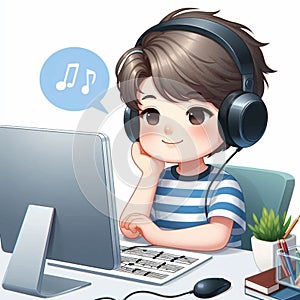 Little Boy Listening to Music in His Computer