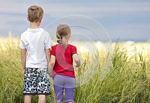 Little boy and little girl standing holding hands looking on horizont