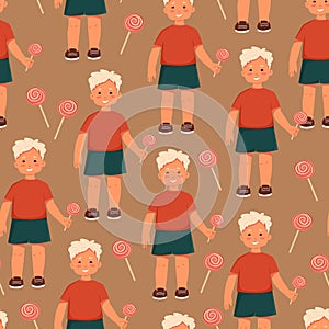 Little boy with lollipop in hand seamless pattern. Vector print in cartoon style