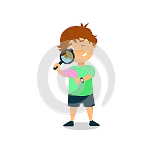 Little boy looking through magnifying glass vector Illustration on a white background