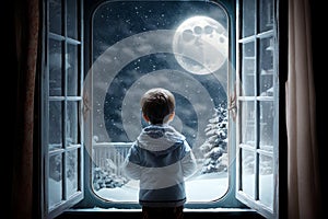 Little boy looking out of window at snowy night with full moon. Generative AI