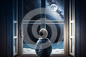 Little boy looking out of window at snowy night with full moon. Generative AI