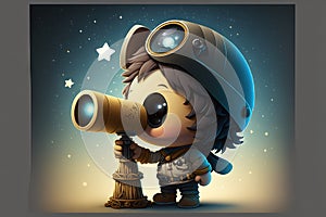 a little boy looking through a telescope at the stars in the sky with a telescope in his hand and a hat on his head, standing