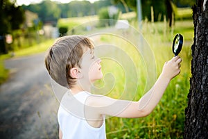 Little boy looks at a tree through a magnifying glass