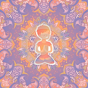 Little boy in the lotus position on the mat for yoga. Vector pastel color illustration on the mandala background.