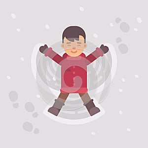 Little boy making a snow angel. Winter kid flat illustration