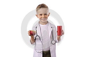 Little boy in medical uniform isolated on white.