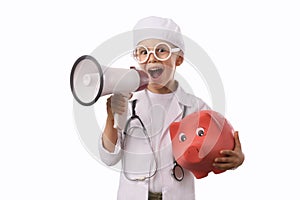 Little boy in medical uniform isolated on white.