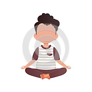 Little boy meditates in the lotus position. Isolated. Cartoon style.