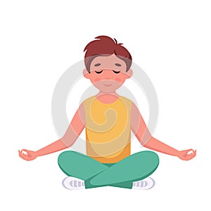 Little boy meditating in lotus pose. Gymnastic, meditation for children. Vector illustration