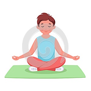 Little boy meditating in lotus pose. Gymnastic, meditation for children. Vector illustration