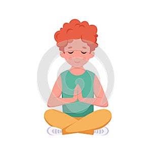 Little boy meditating in lotus pose. Gymnastic, meditation for children. Vector illustration