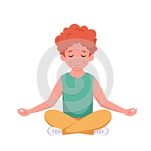 Little boy meditating in lotus pose. Gymnastic, meditation for children. Vector illustration