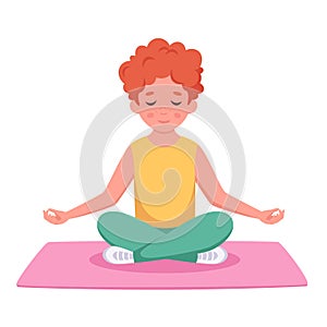 Little boy meditating in lotus pose. Yoga and meditation for kids. Vector illustration