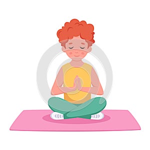 Little boy meditating in lotus pose. Yoga and meditation for kids. Vector illustration