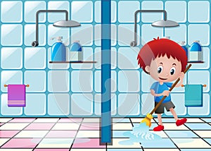 Little boy mopping the bathroom floor