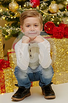 Little boy near the Christmas tree.