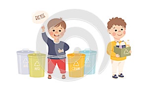 Little Boy Near Dustbin with Plastic Bottles for Recycle Caring About Nature and Planet Vector Set