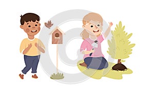 Little Boy Near Nesting Box and Girl Planting Tree Caring About Nature and Planet Vector Set