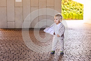 Little boy in a nice suit. Back to school. Children portrait. Stylish man in fashionable suit