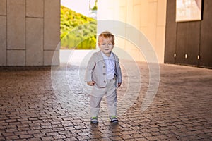 Little boy in a nice suit. Back to school. Children portrait. Stylish man in fashionable suit