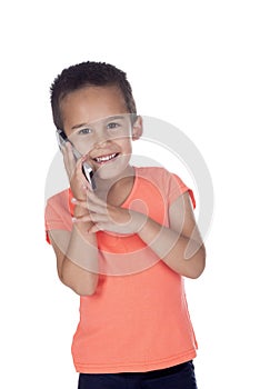 Little boy with organge shirt and mobile phone