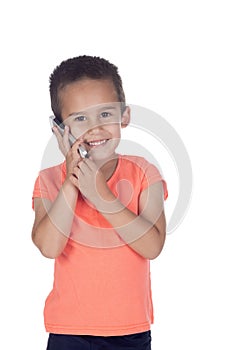 Little boy with organge shirt and mobile phone