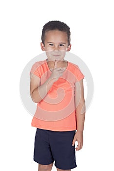 Little boy with organge shirt pointing